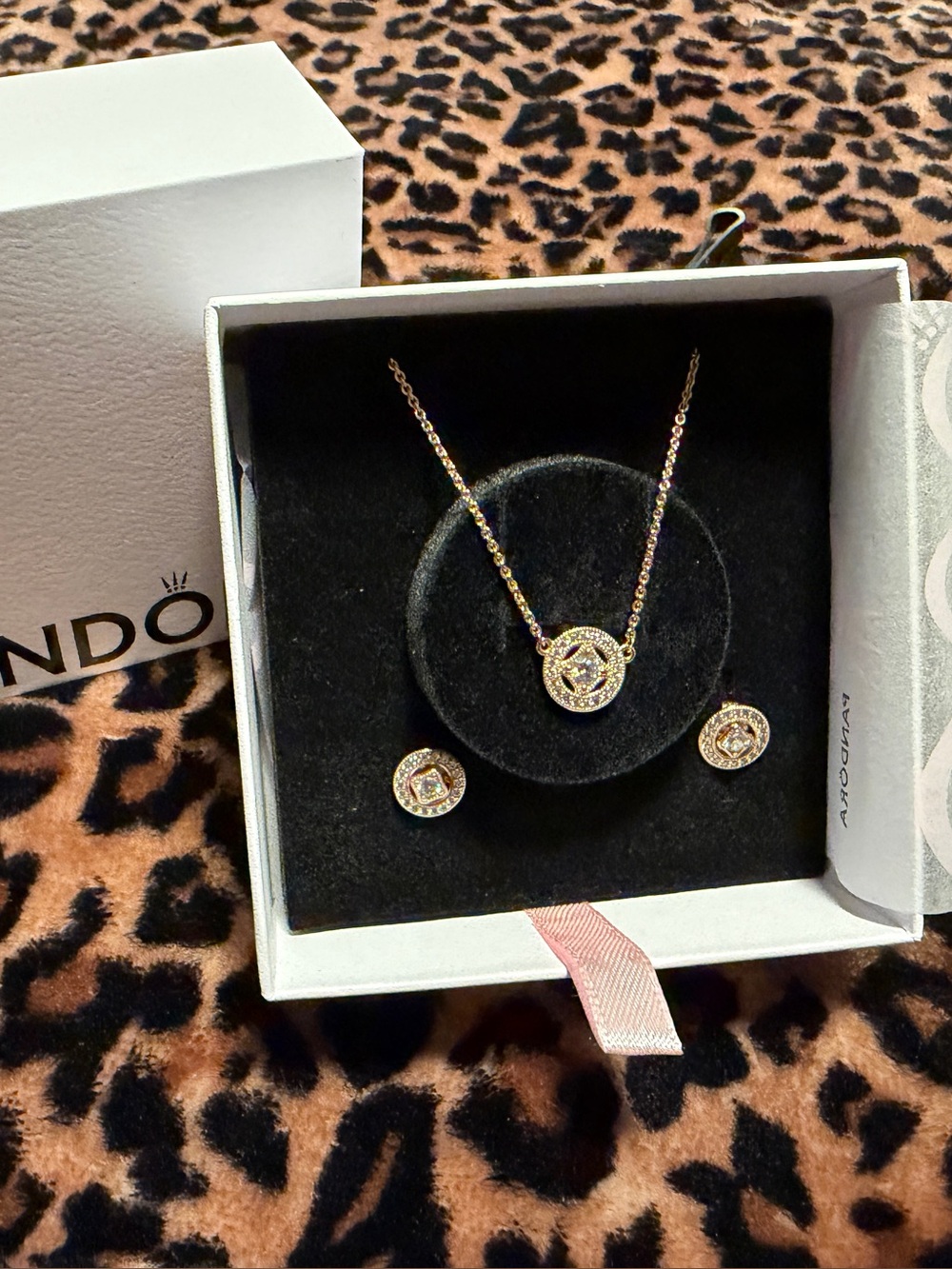 Pandora Rose Gold Necklace and Stud Earring Set with Clear Stones